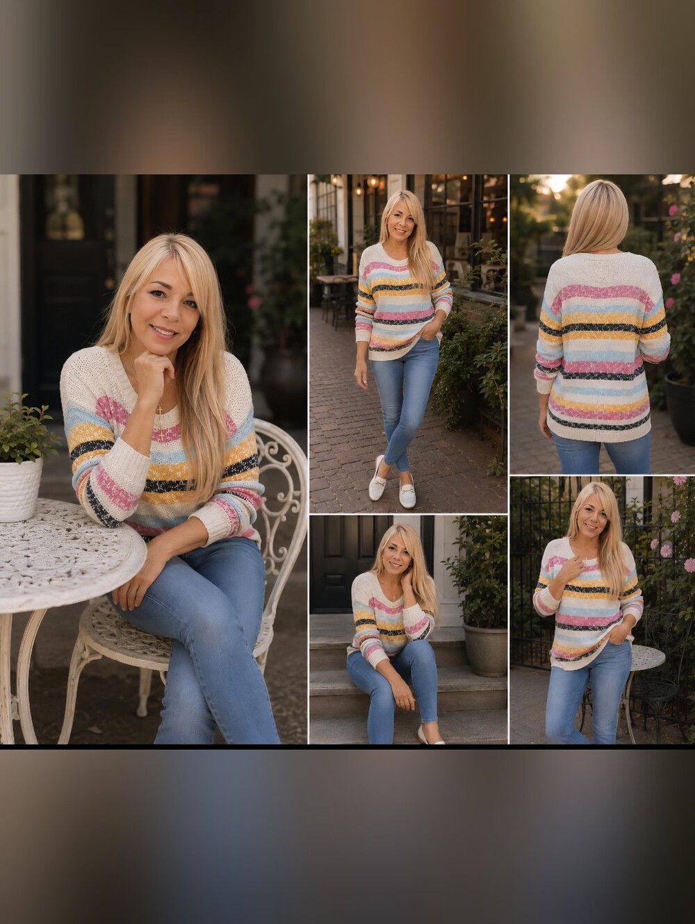 Francesca's Collections Cream Striped Crewneck Sweater with Pink, Yellow & Blue